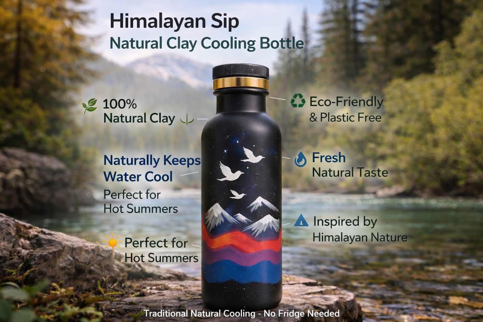 Himalayan Clay Natural Cooling Water Bottle Mountain Edition